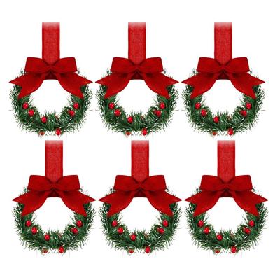 6 Pieces of Christmas Mini Wreaths, Window Decorations, Ribbon Bows, Red Fruits, Christmas Party Home Decorations