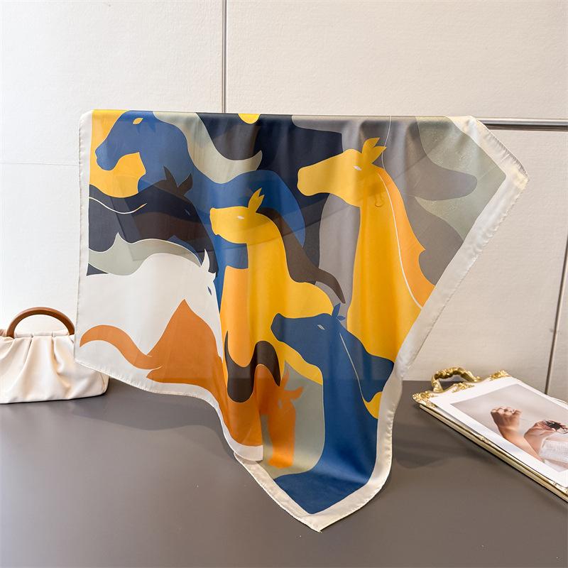 Luxury Horse Print Square Silk Scarf Women Neck Tie Soft Hijab Headscarf Female Fashion Decorate Head Scarf Foulard Bandana