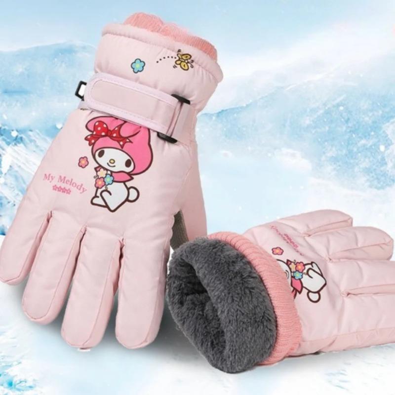 Kuromi Melody Winter Children Fleece Gloves Waterproof Outdoor Ski Warm Outdoor Cycling Gloves Windproof Cold Resistant Sanrio