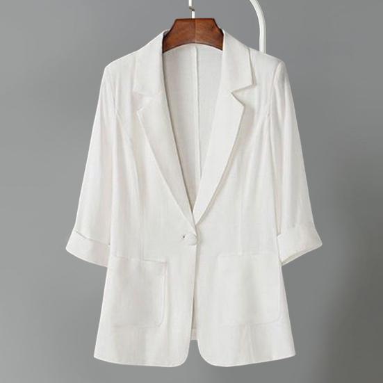 Women Summer Suit Coat Lapel 3/4 Sleeve Slim Fit Casual Jacket Single Button Flap Pockets Solid Color Sunscreen Coat