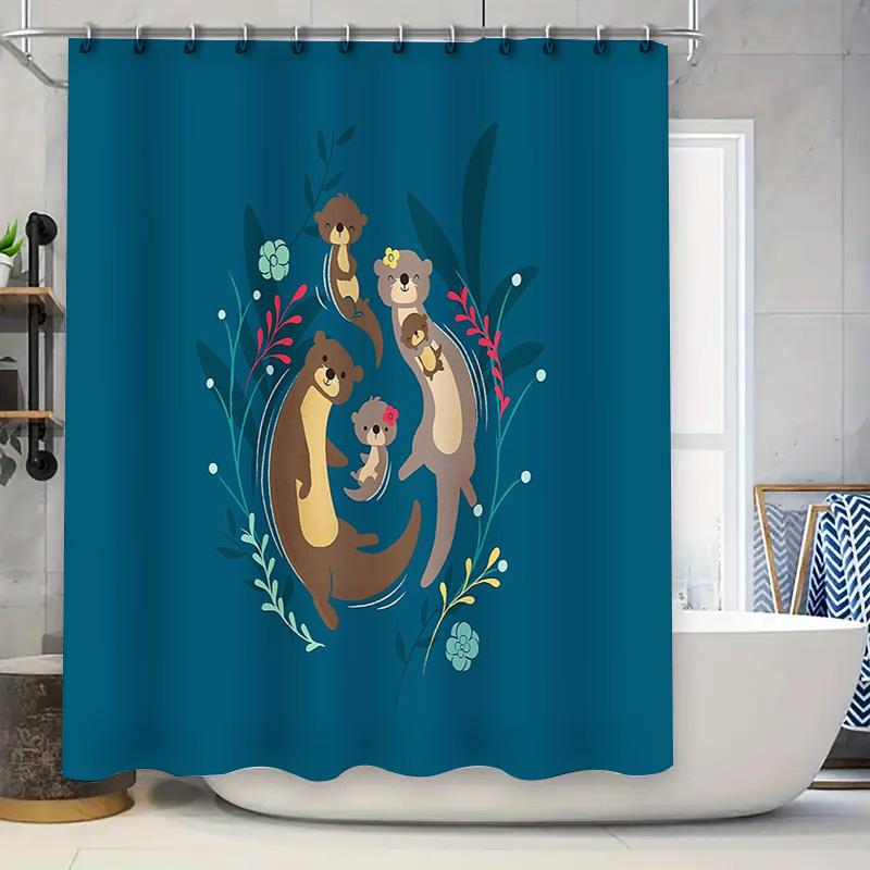 

Cute Otter Family Shower Curtain Woodland Animal Bathroom Decor Nature Forest Theme Waterproof Fabric Backdrop W60H190(CM)-1 Pcs