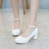 Girls Leather Shoes Ladies High Heel Shoes Sweet Pearl Ankle Strap Princess Mary Janes Party Wedding Shoes Women Pump 30-43