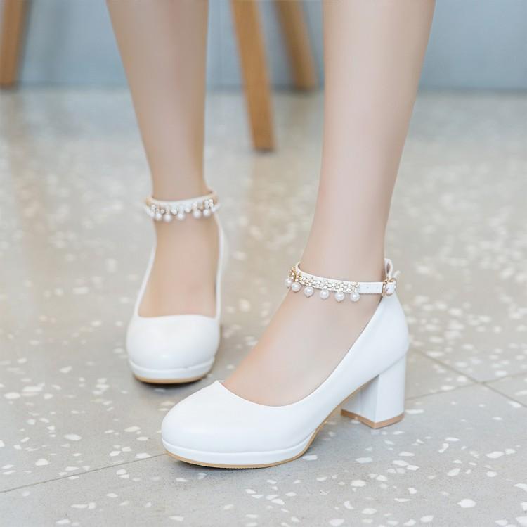 Girls Leather Shoes Ladies High Heel Shoes Sweet Pearl Ankle Strap Princess Mary Janes Party Wedding Shoes Women Pump 30-43