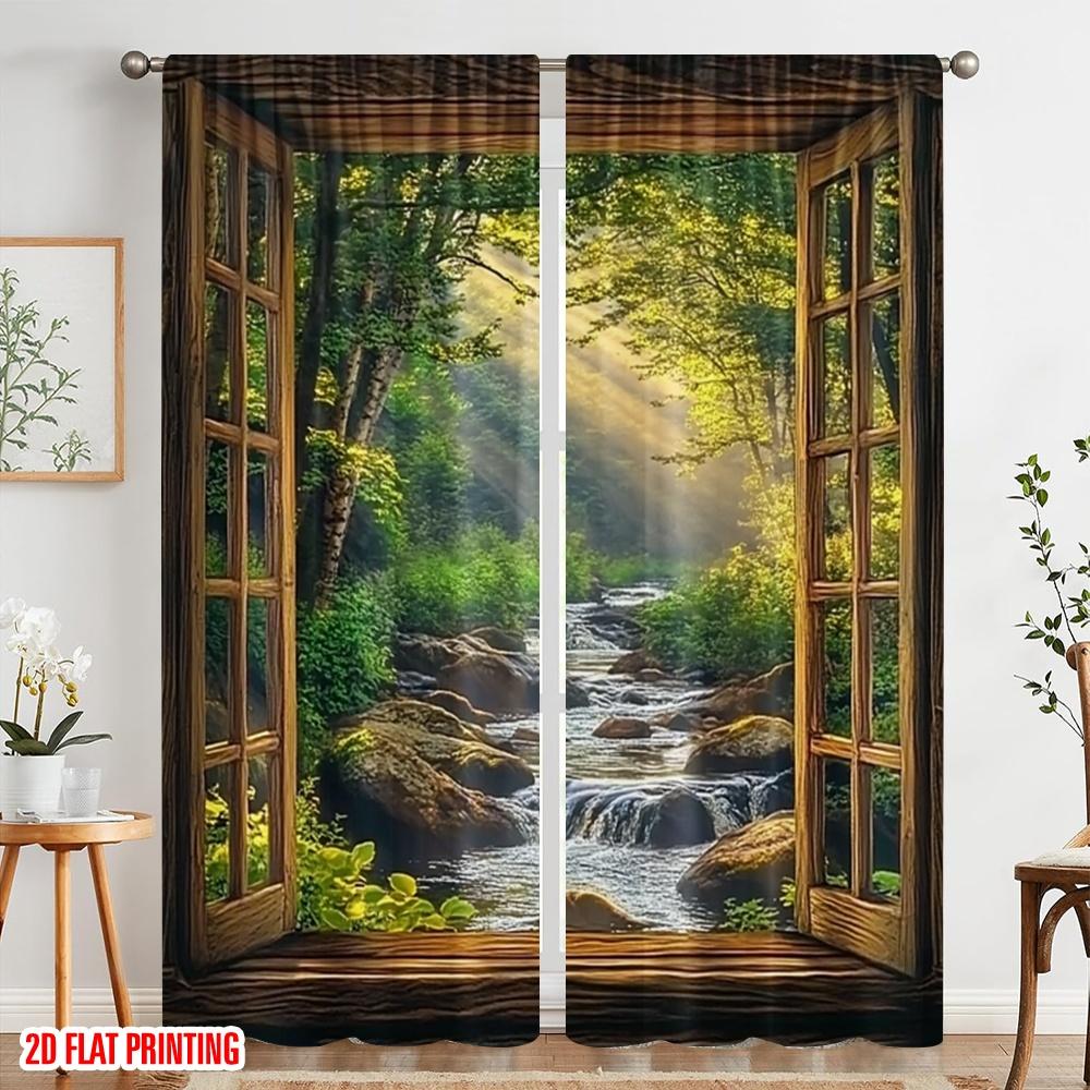 Set Of 2 Flat Printing Curtains Forest Scenic Polyester Without Electricity Festive Holiday Perfect All Season Curtain