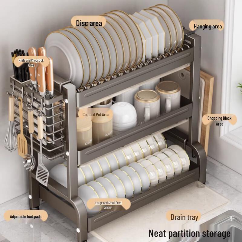 Pistolenmetallgrauer 3-stöckiger Geschirrabtropfständer aus Edelstahl