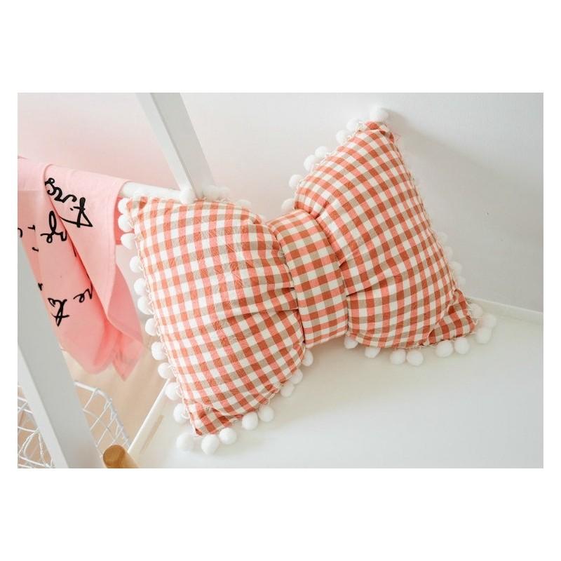 Striped Cotton Cushion With Bow And Pom Pom Trim For Home Decor**