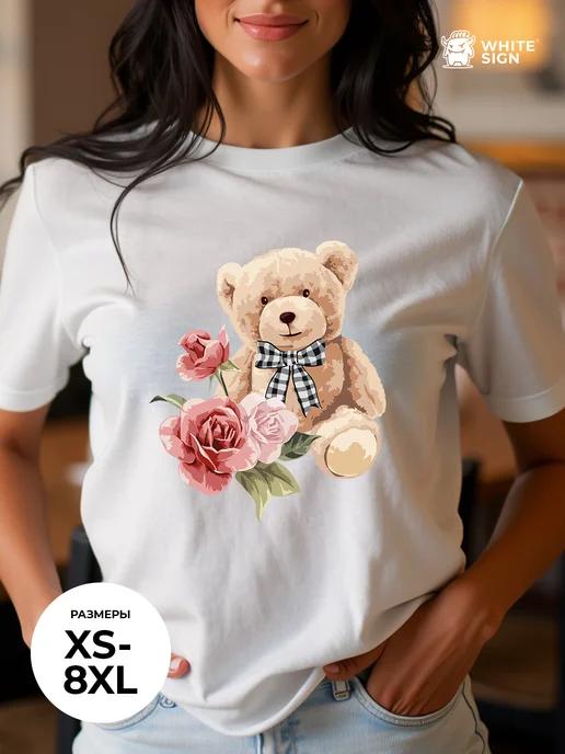 Oversized cotton T-shirt with Little Bear with Flowers print 4XL