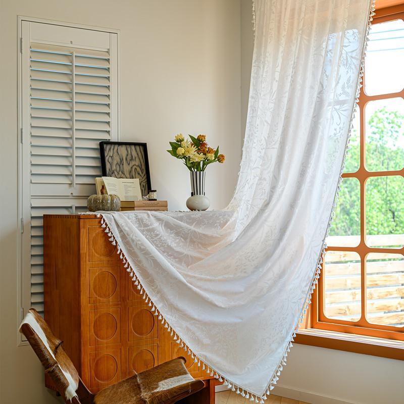 French Translucent Curtains Bohemian Style Hollow Lace Fabric Four Season Universal Living Room Decoration Drapes Vintage Tassel Fabric Curtain