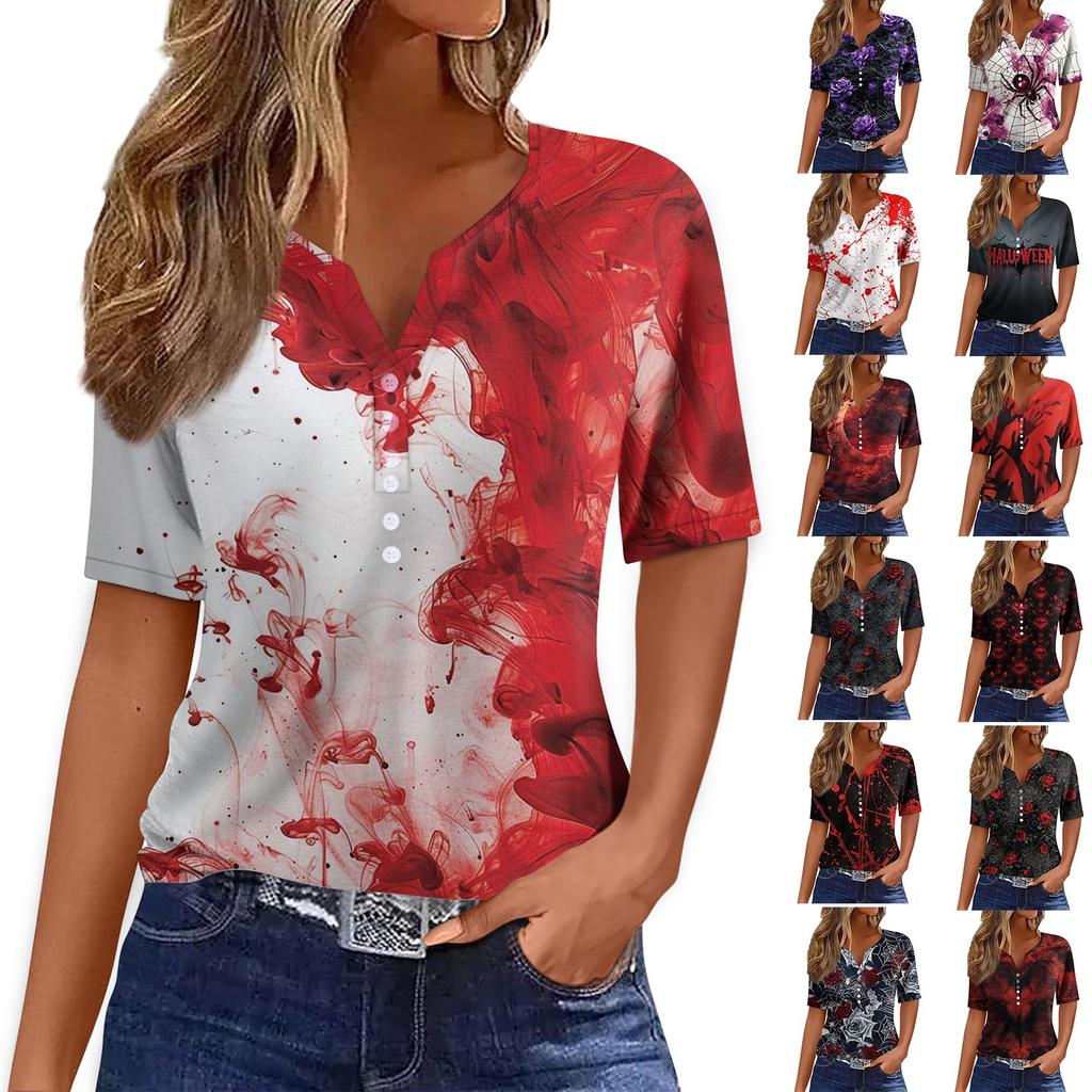 Dames T-skjorte Tee Halloween Trykket Knapp Kortermet Tunika Daglig Helgemote Basic V-hals Vanlig Topp