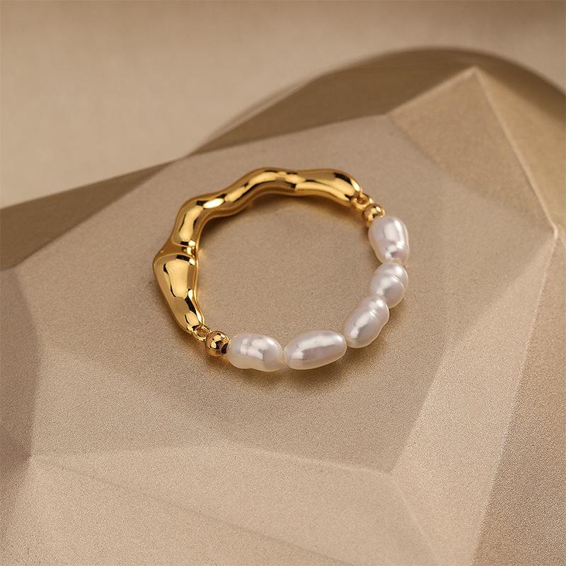 Korean Retro Elastic Rope Pearl Beaded Ring for Women Fashion Party Metal Chain Splicing Finger Ring Zircon Women Gift