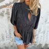 Camicia da donna abbottonata estiva a maniche corte a sbuffo con scollo a O, top casual a vestibilità ampia con pieghe per l'uso quotidiano, le vacanze