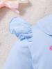 Light Blue Peter Pan Collar Baby Romper with Pink Bow Embroidery, Long Sleeve Ruffle Jumpsuit