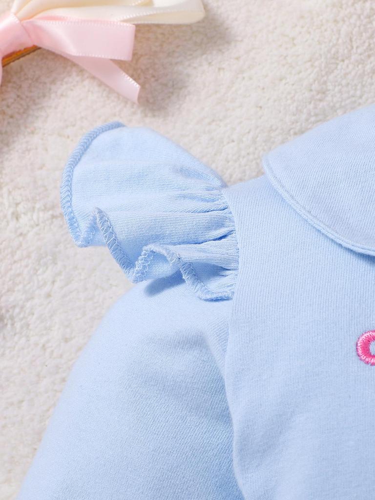 Light Blue Peter Pan Collar Baby Romper with Pink Bow Embroidery, Long Sleeve Ruffle Jumpsuit