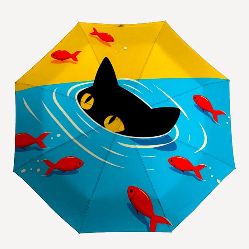 1pc Cat Fishpond Automatic Open/close Umbrella, 8-Rib Sturdy Structure, Portable Travel Umbrella, Parties, Everyday Use, Outdoor Accessory,
