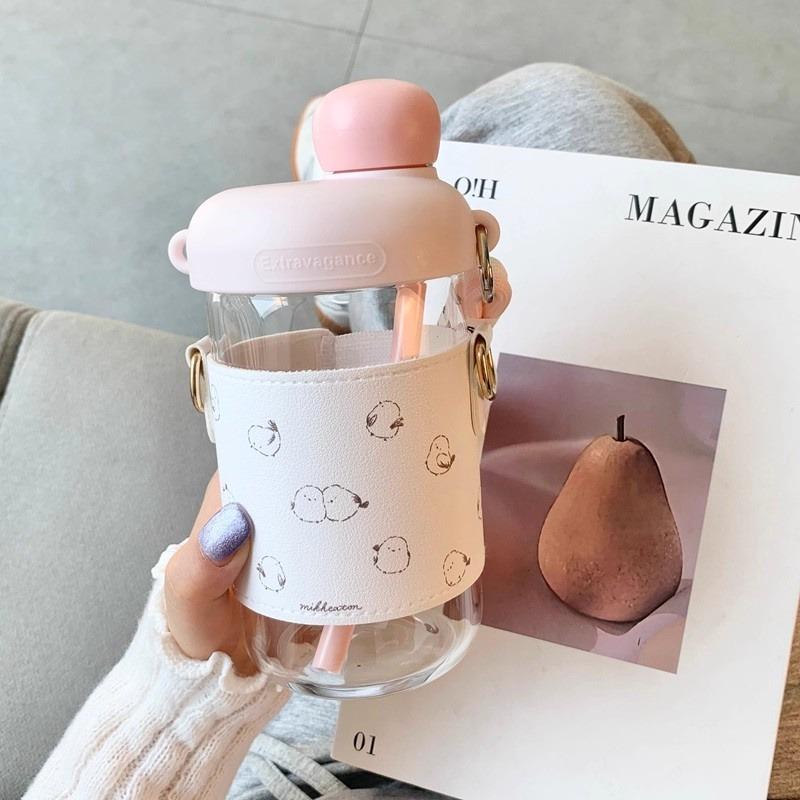 Cute Cats Glass Water Bottle With Straw Sleeve Strap 500/850ml Coffee Juice Tea Glass Cup Tumbler Girl Drinking Bottle BPA Free