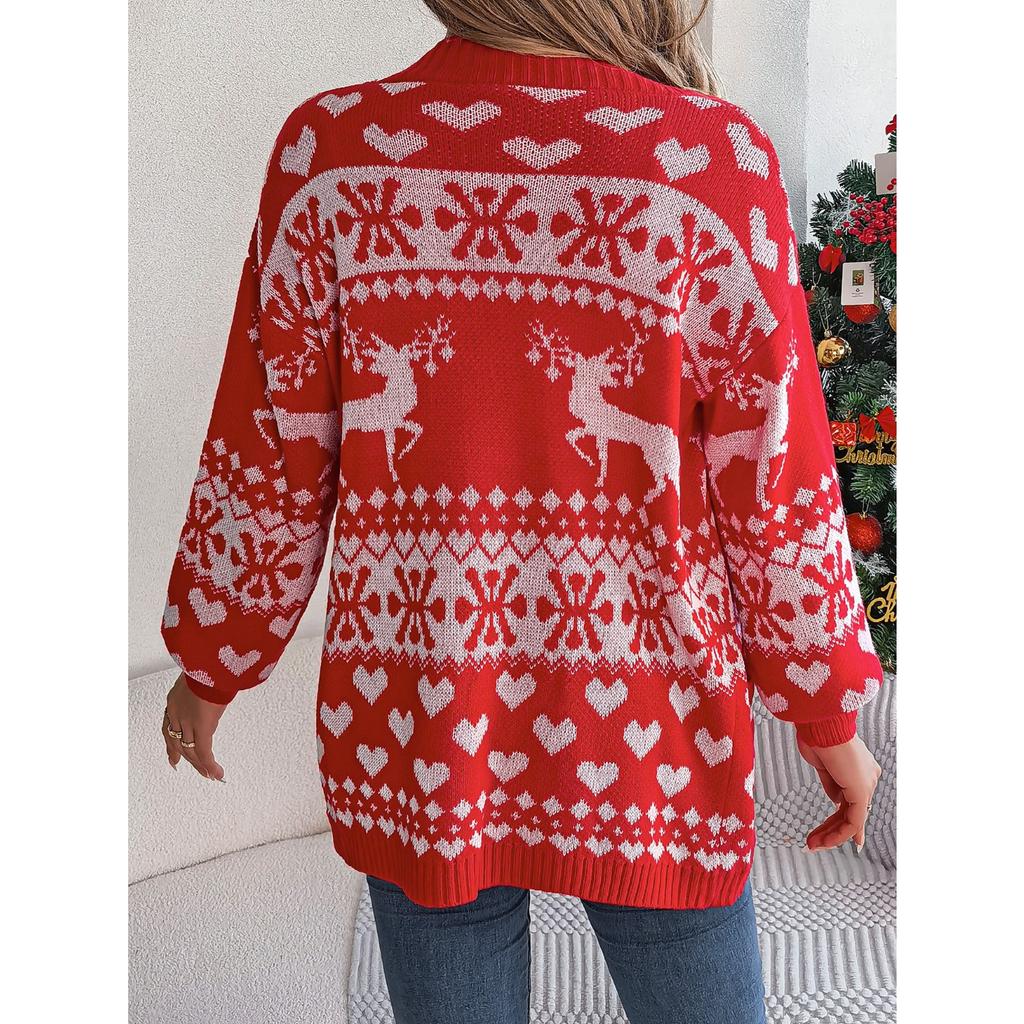 GMXIA Autumn Winter Christmas Reindeer Pocket Long-sleeved Cardigan Sweater Coat Women's Wear