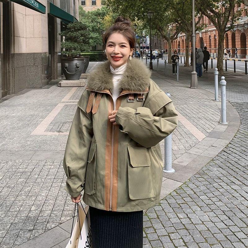 High-end fur integrated Parker cotton clothes women's winter new plush thickened large fur collar cotton-padded coat