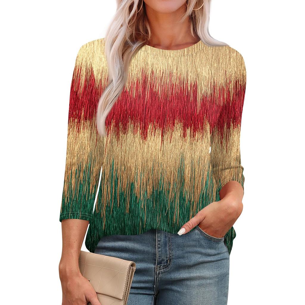 Women's Fashionable Round Neck 3/4 Sleeve Printed Casual Basic Pleated Pullover T-shirt Top