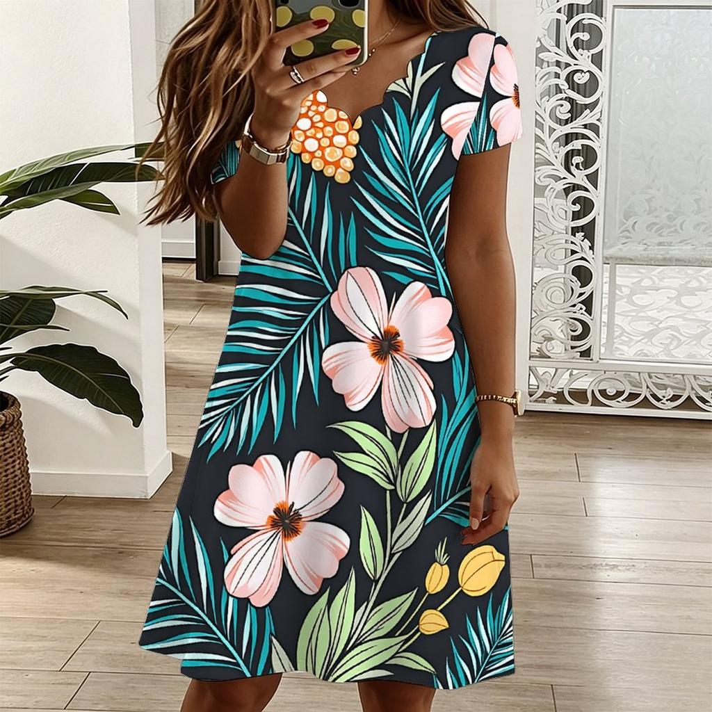 Women V Neck Watercolor Hydrangea Printed Plus Size Summer Loose Dress