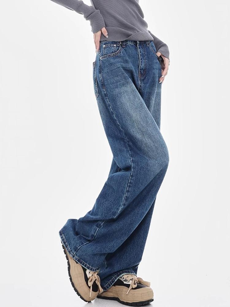 Spring New Vintage Washed Wide Leg Jeans Women 2000s High Waisted Straight Loose Slim Mop Pants Korea Chic Design Blue Denim Trousers