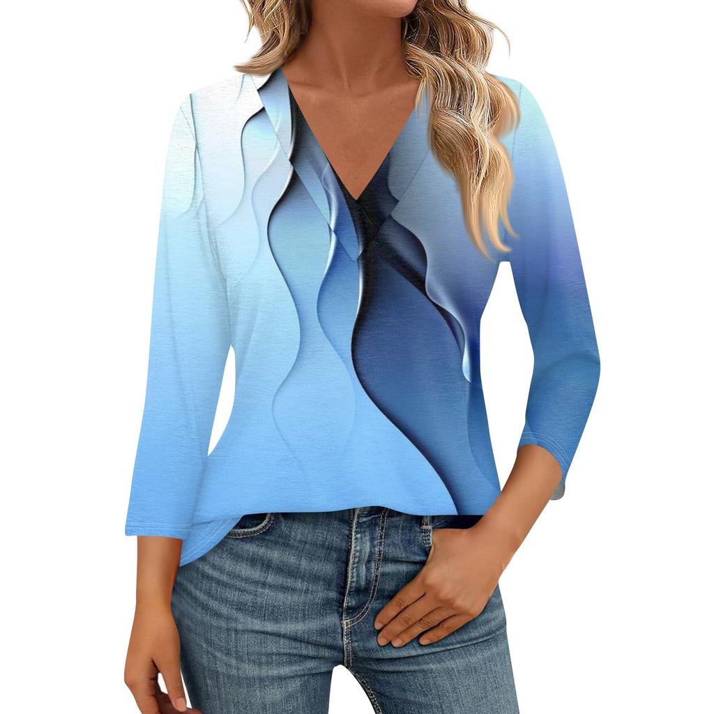 Top da donna con maniche a 3/4, scollo a V, tunica casual, camicie basiche, camicetta ampia