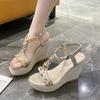 Women's Summer New Slope-heeled Women's Shoes Color-blocked Fabric Compilation Open-toe Casual Sandals