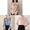Blue Bowknot Shirt With Satin Fabric And Tie Detail For Office Women