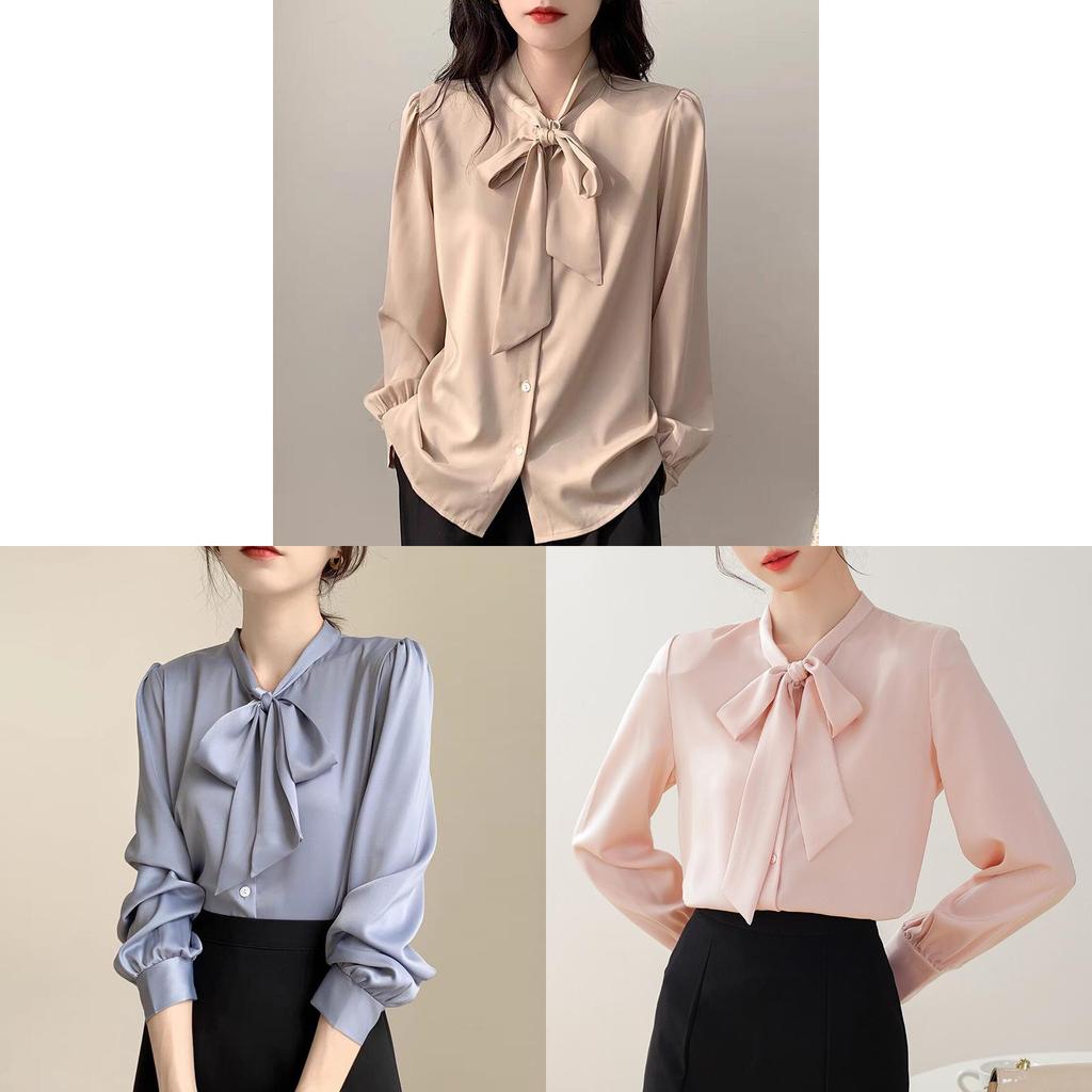 Blue Bowknot Shirt With Satin Fabric And Tie Detail For Office Women