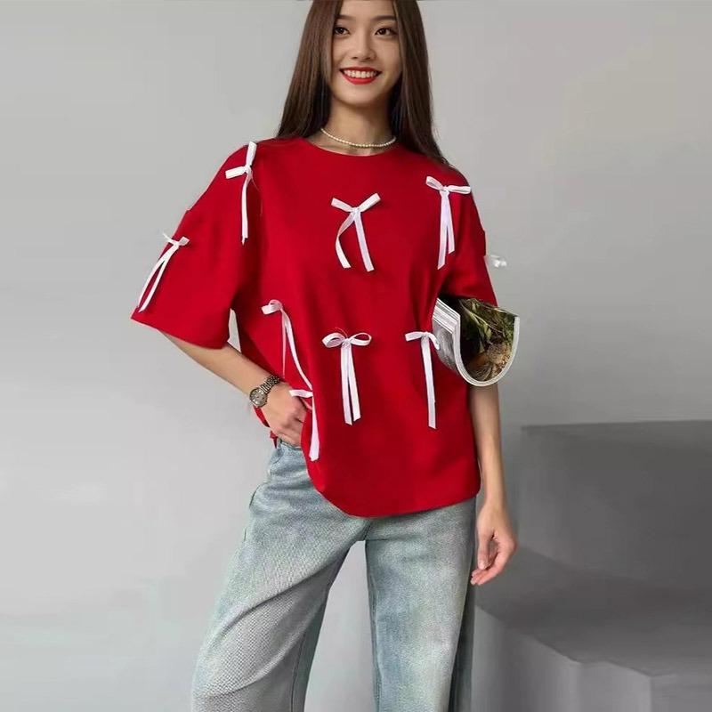 Tricou decorativ cu fundă retro din bumbac liber, design de modă de vară, cu mânecă scurtă, tricouri cu gât turnut, maiuri casual