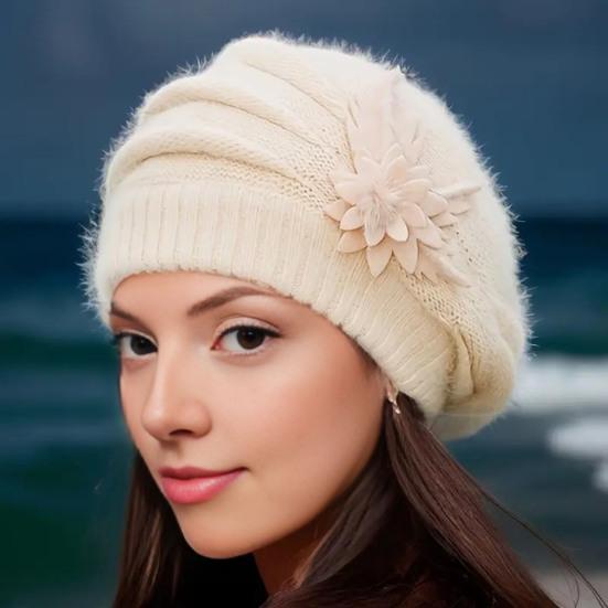 Cappello Basco Lady Flower Vintage Stile Francese Lana Cappello Basco Doppio Strato Ispessito Inverno Cappello Lavorato a Maglia per Donna