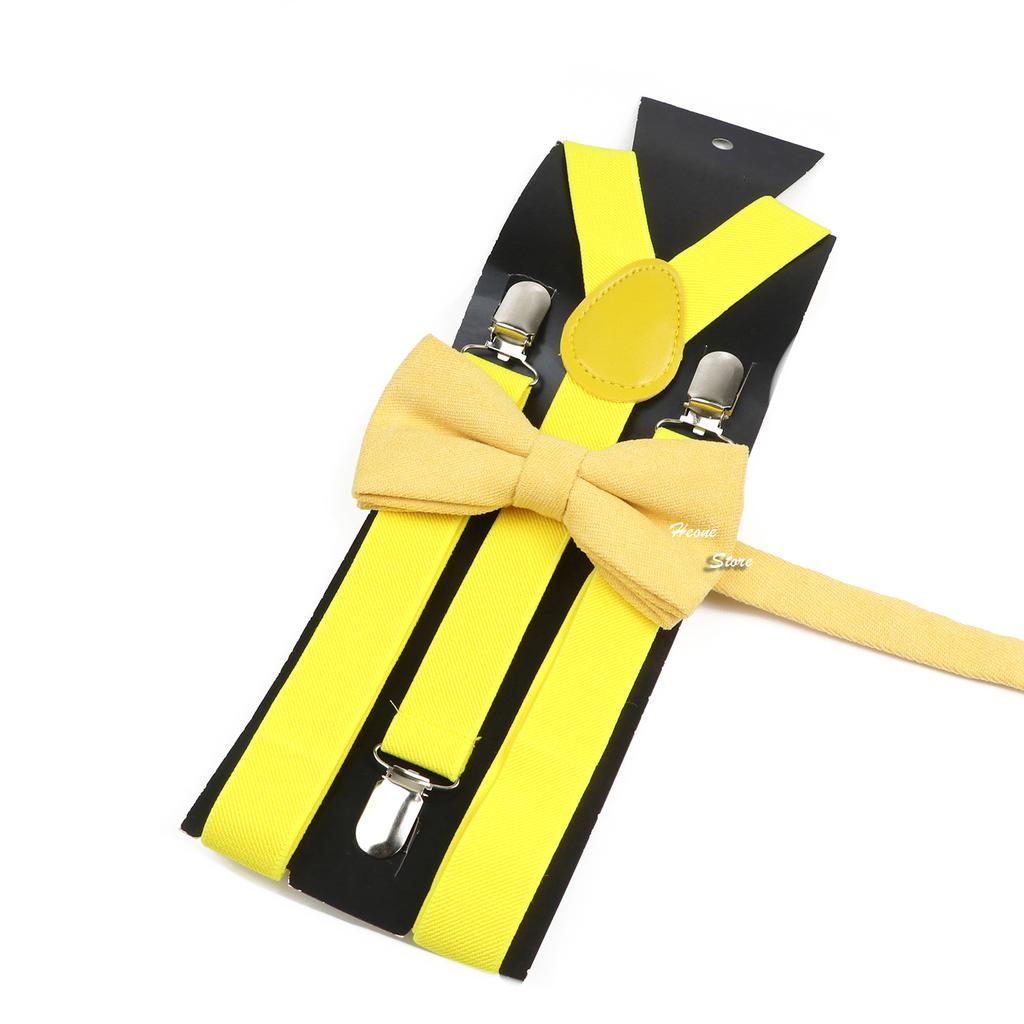 Men Kids Yellow Khaki Brown Suspender Bowtie Set Elastic Adjustable Y-Back Braces Straps Daily Father-Child Braces Accessory