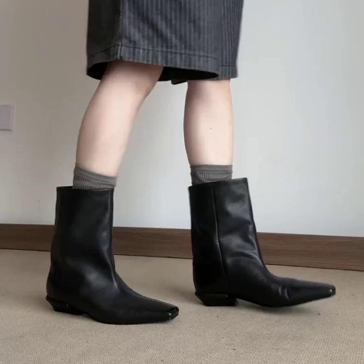 Cowhide Version~ Korean Version of Thin and Versatile Square Head Thick Heel Martin Boots Sleeve Thin Boots Short Boots Women's Chelsea Boots