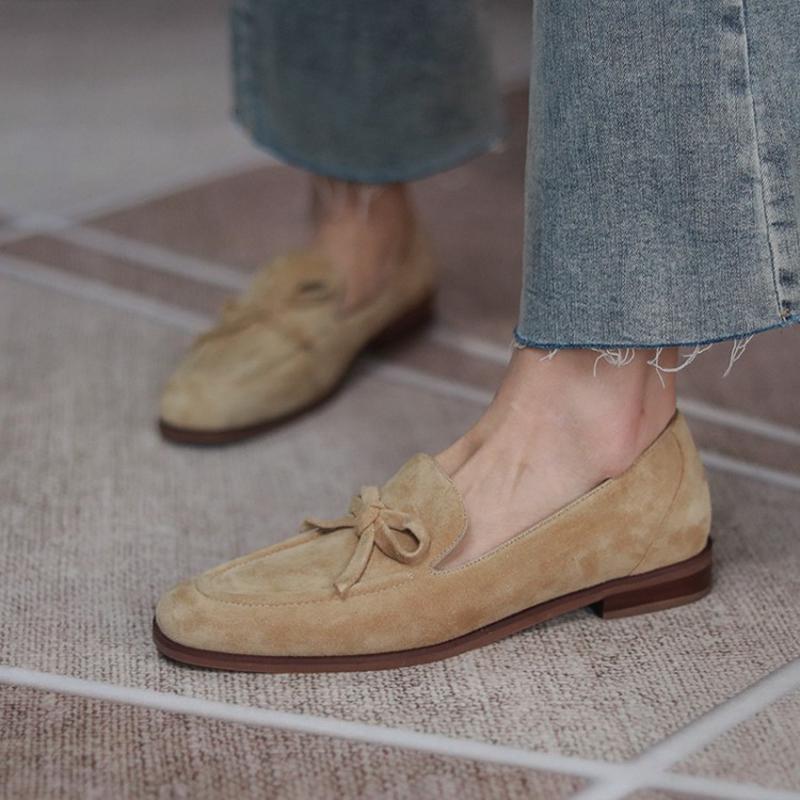 Fashion Spring/Autumn Women Loafers Sheep Suede Leather Shoes for Women Round Toe Chunky Heel Shoes Casual Bow-knot Low Heel Women Pumps