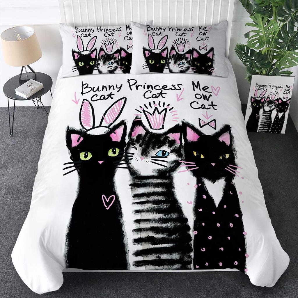 Witch Black Cat Duvet Cover Set Full,Cat Sitting On Moon Bedding Set Vintage Gothic Animals Cat Comforter Cover 2/3pcs Bed Sets