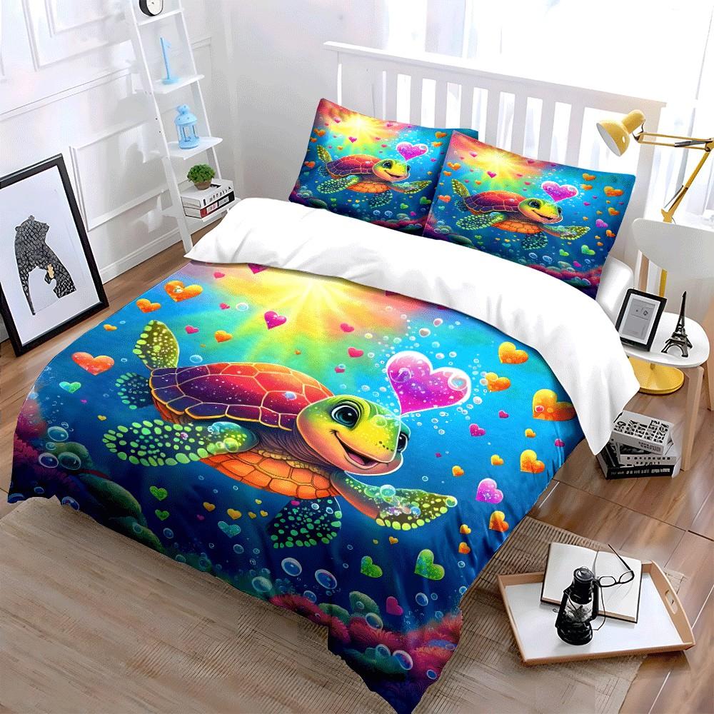 Colorful Turtle Ocean Fantasy Set Exquisite Three-Piece Bedding Set Gift For Kids And Adults