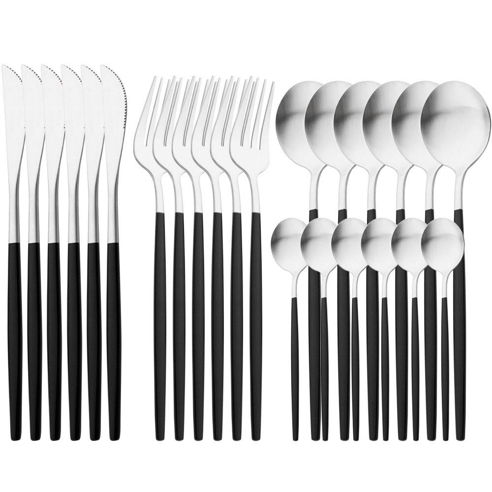 White Gold 24Pcs Cutlery Set Matte Dinnerware Western Flatware Knife Fork Spoons Stainless Steel Silverware Kitchen Tableware Set