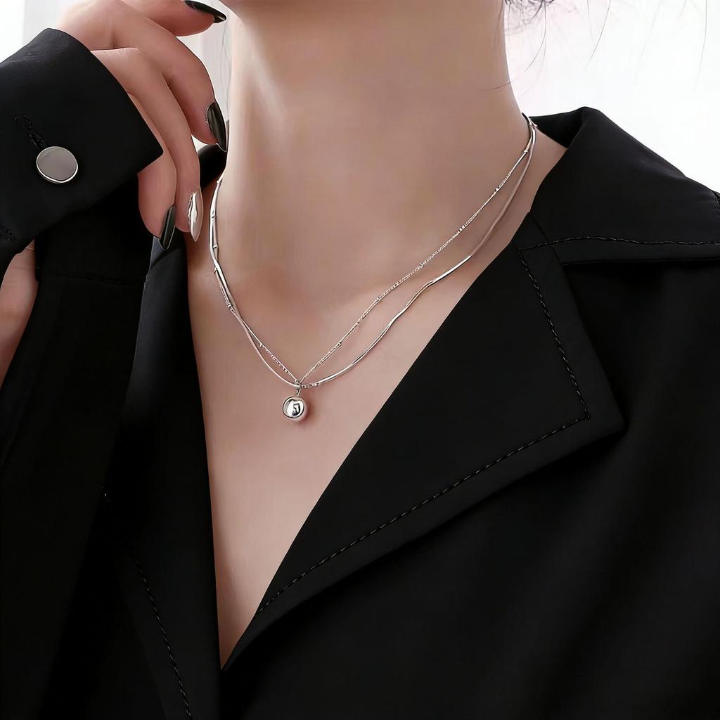 PANJBJ 925 Silver Circle Ball Necklace for Women Versatile Clavicle Chain Double Layer Versatile Office Minimalist Jewelry Gift