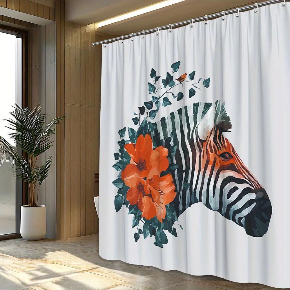 1pc Botanical Zebra Shower Curtain, 70. 87x70. 87 Inches, Polyester Fabric, Machine Washable, Artistic Red Hibiscus & Ivy Design