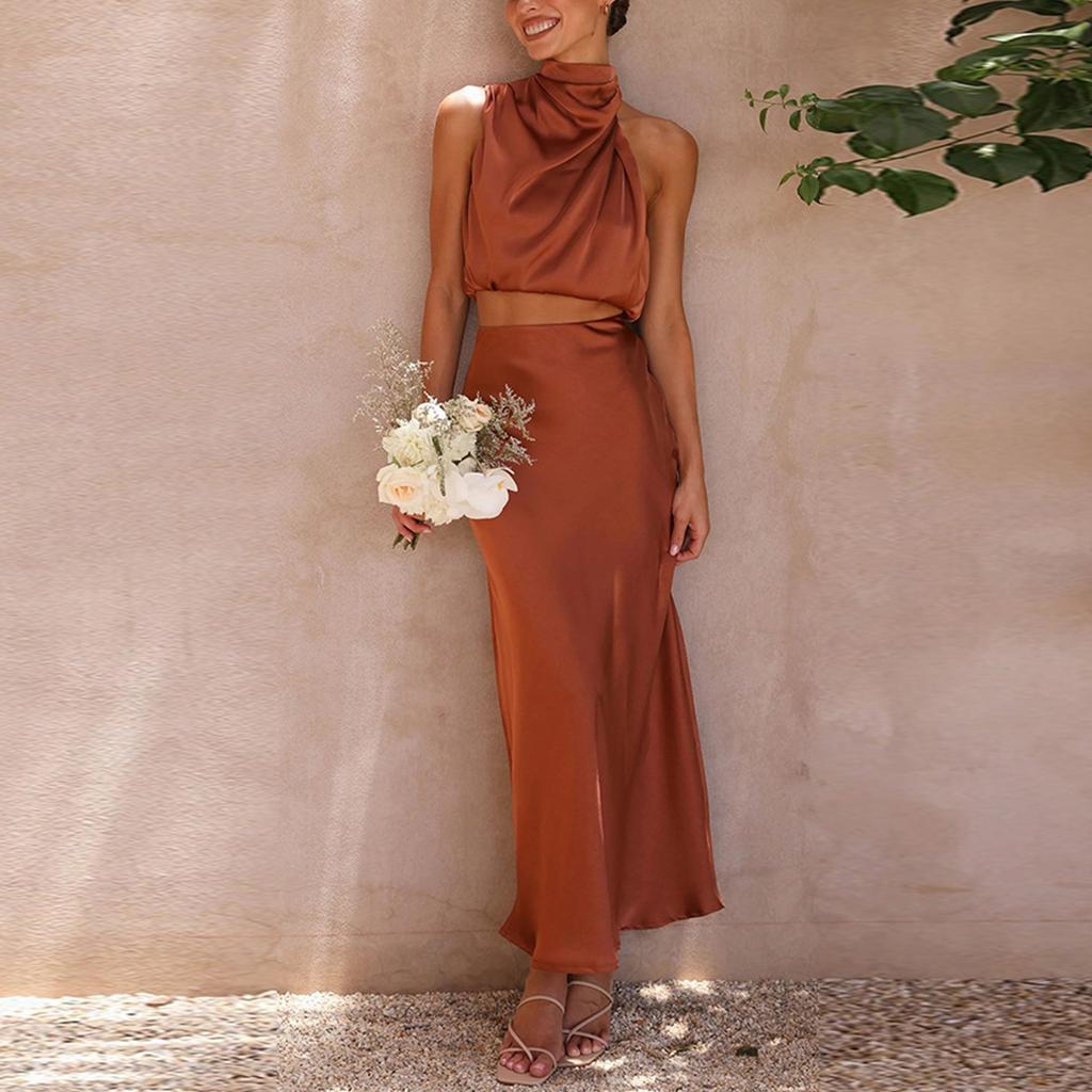 Women's Summer Formal Satin Mock Neck Sleeveless Tank Skirt Two-piece Suit