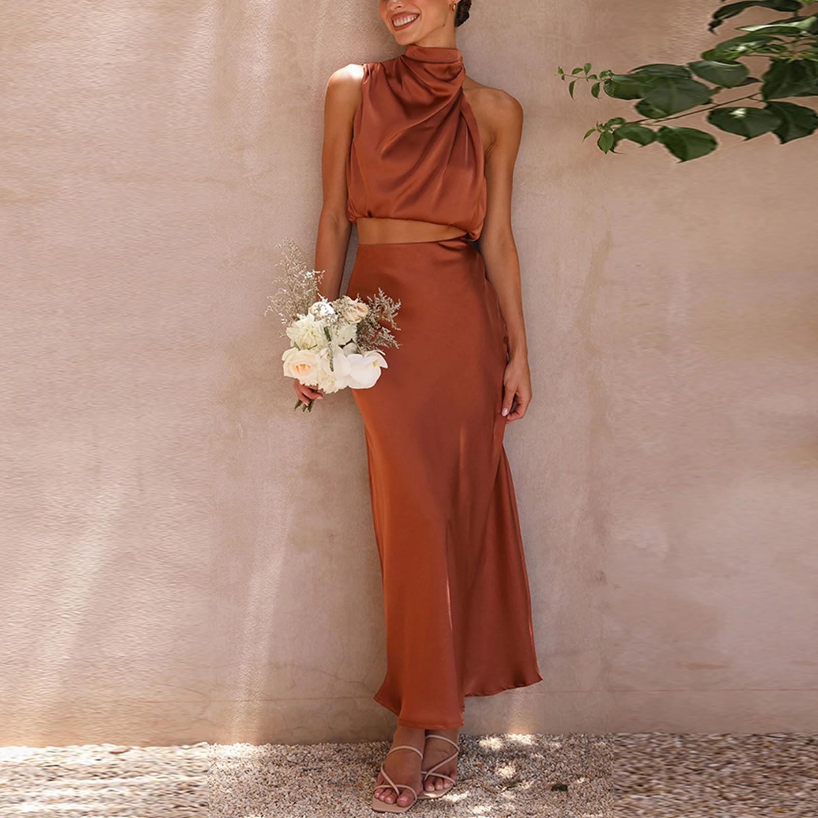 

Women s Summer Formal Satin Mock Neck Sleeveless Tank Skirt Two-piece Suit S кавовий