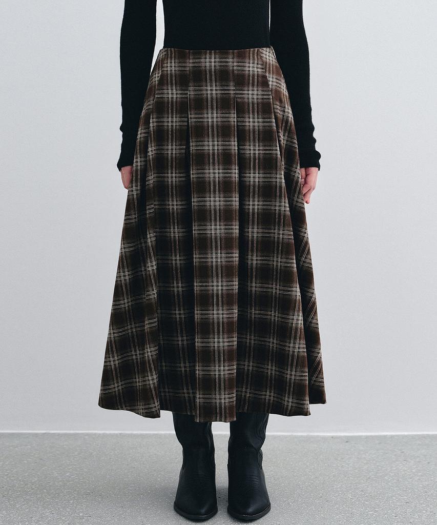 LOEIL Flare Check Long Skirt - Brown