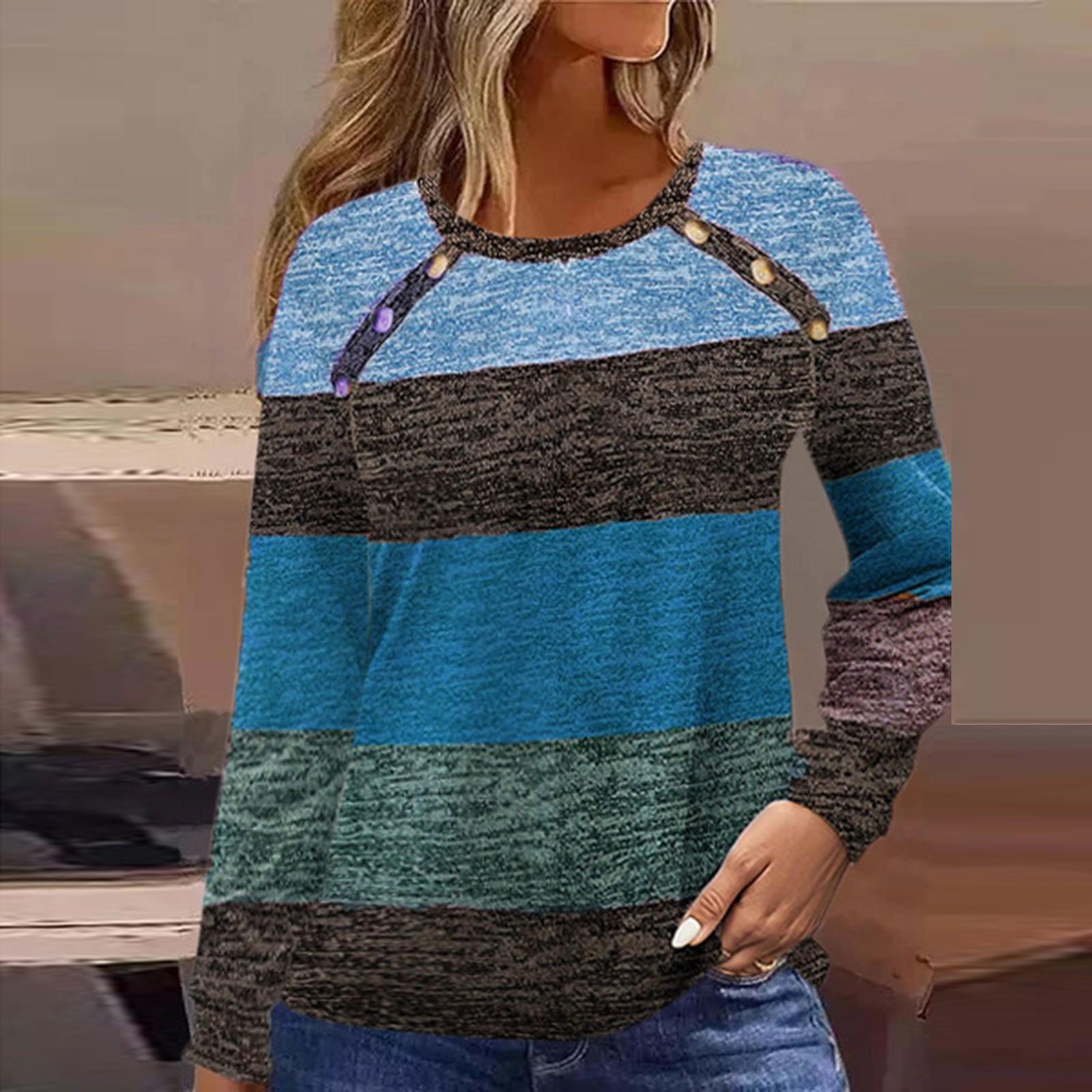 

Женская модная повседневная футболка с круглым вырезом и длинным рукавом с пуговицами L синий