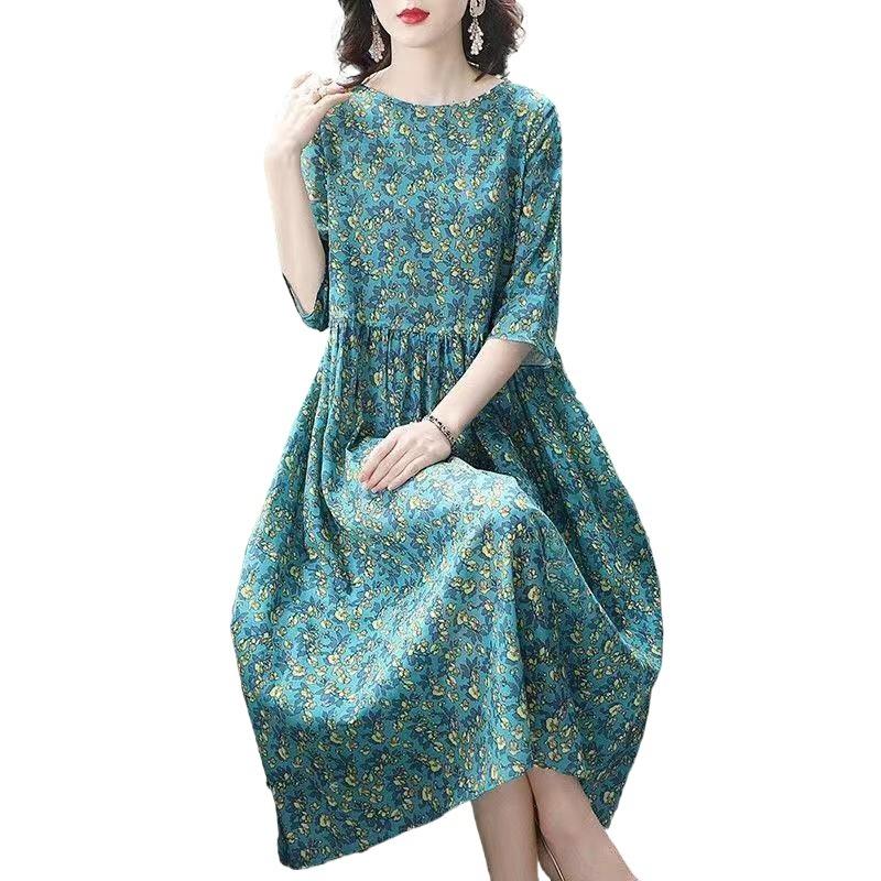 New Floral Dress 100kg Large Size Women's Clothing Fat Mm Wide Lady Middle-aged Mother Clothing Trendy Medium and Long