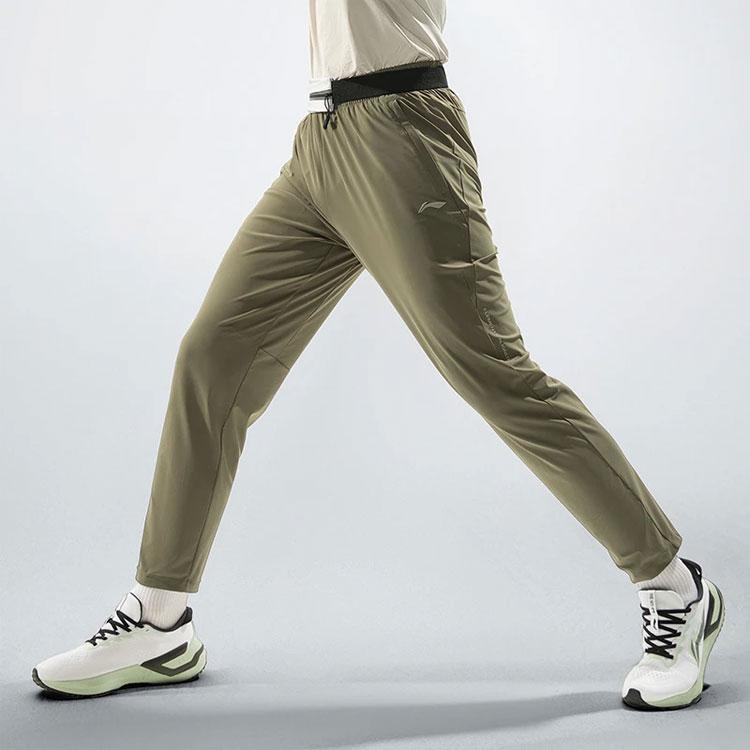 Li Ning Fitness Series Solid Color Straight Leg Ice Feel Moisture Wicking Knitted Sports Pants Men Bottoms Military-Green AKYU413-6
