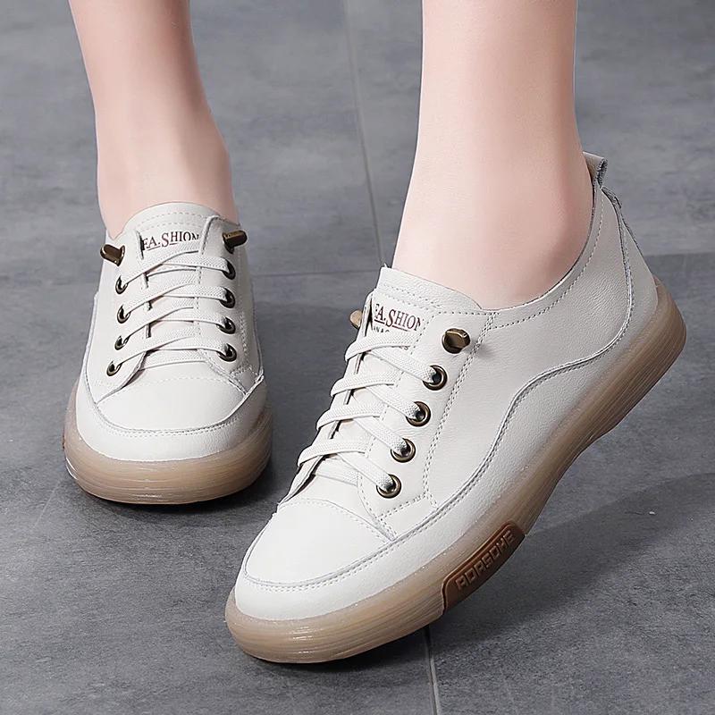 Fashion Genuine Leather Women Soft Sole Walking Shoes Girl Student 2026 Sneaker White Black Flats Female Casual Skate Trainers Summer
