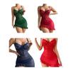 Women's Sexy Lace Sheer Bodycon Mini Dress See Through Chemise Bobydoll Nightdress Ruched Nightgown Set with Thong