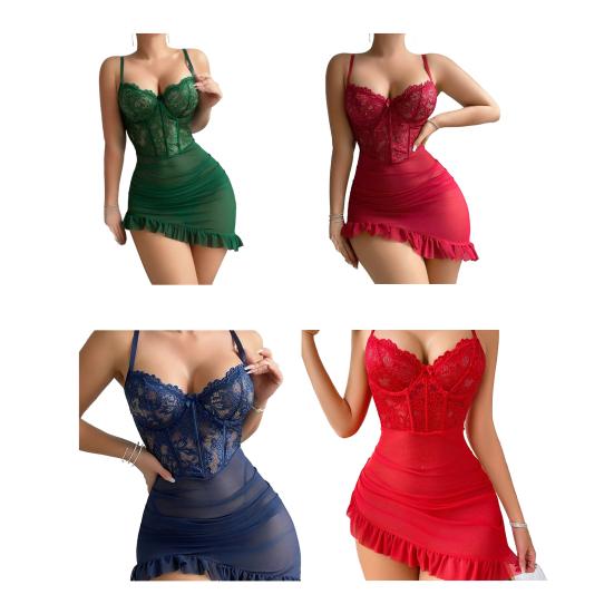 Women's Sexy Lace Sheer Bodycon Mini Dress See Through Chemise Bobydoll Nightdress Ruched Nightgown Set with Thong