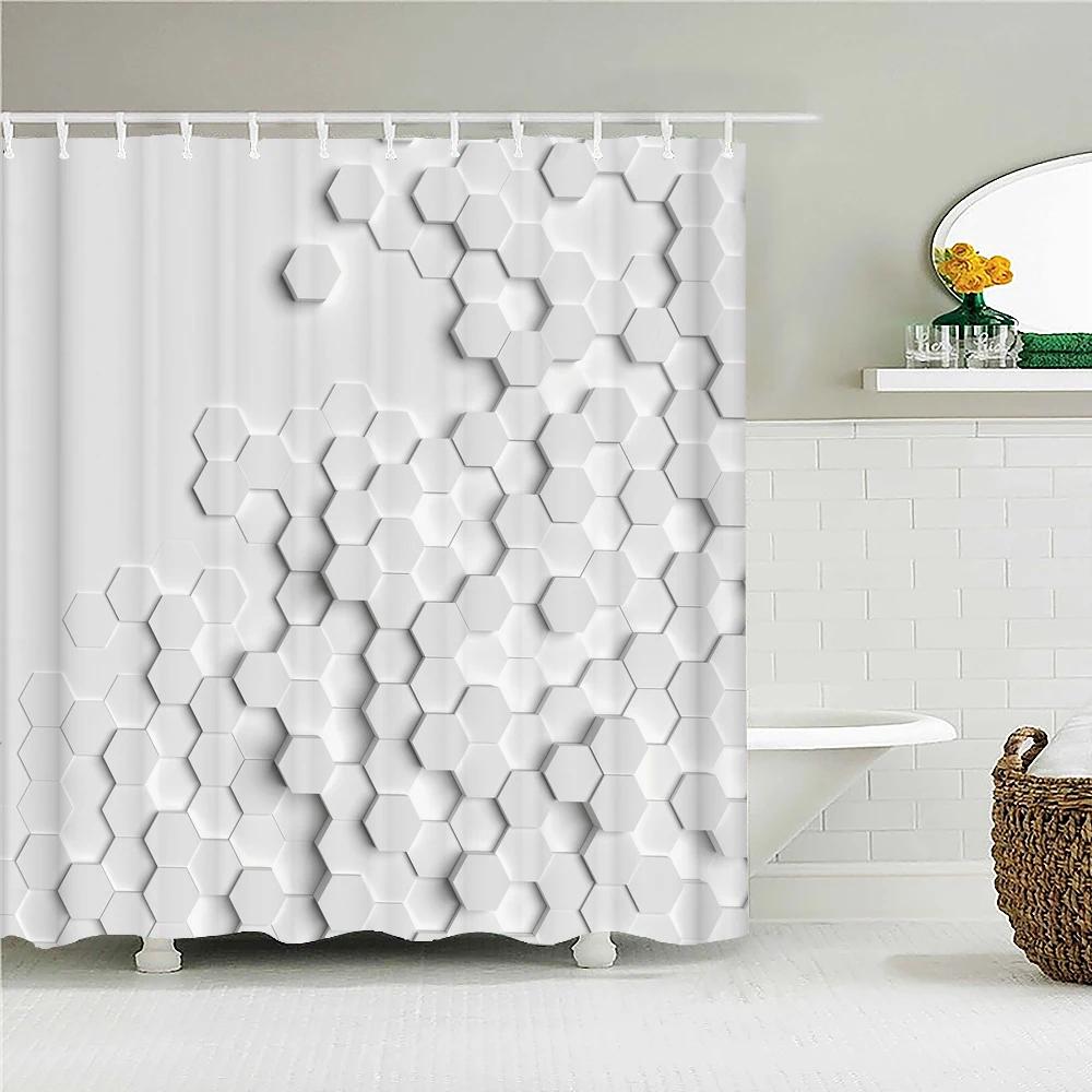 Simple Geometric Pattern Fabric Shower Curtain Bathroom Curtains  Stripes Mosaic Bath Screen Waterproof Polyester with 12 Hooks