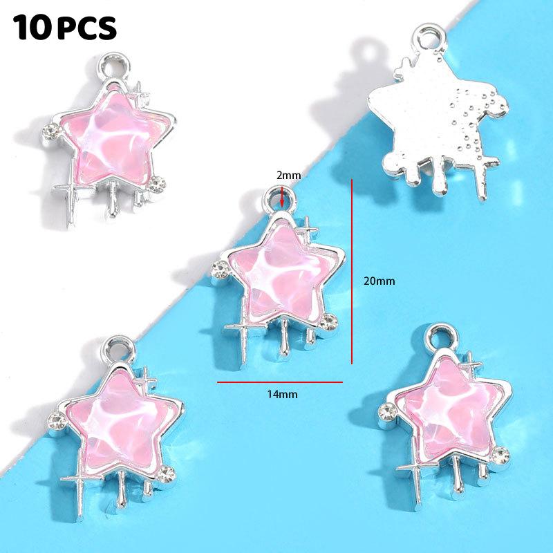 10Pcs Alloy Mixed Style, Inlaid Pink Resin Star And Moon Pendant, Diy Necklace, Bracelet Accessory