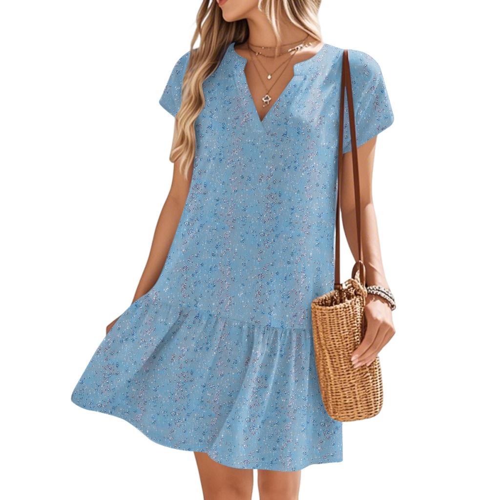 Women's Dresses Short Sleeve V-Neck Floral Printed Loose Casual Temperament Beach Dresses